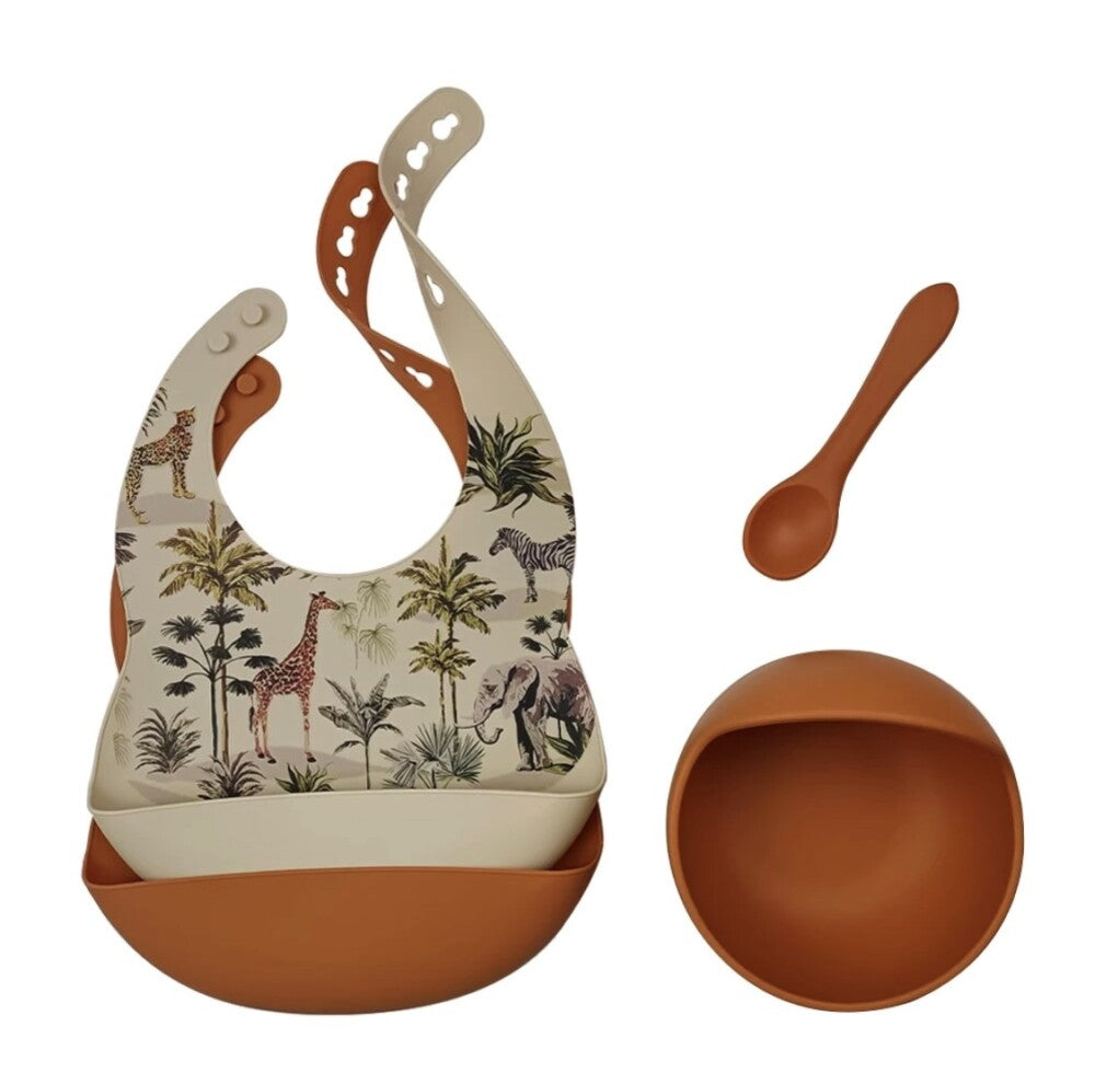 Jungle Animals 2 pack silicone bibs, matching bowl and spoon