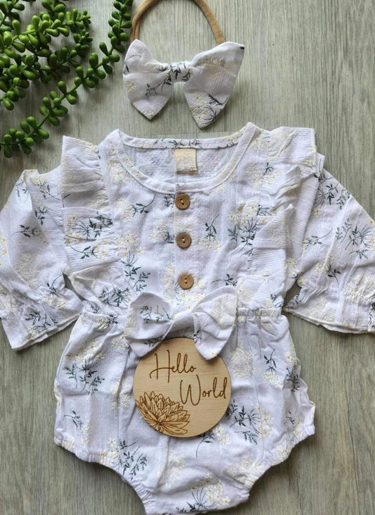 Long Sleeve Romper with headband bow White