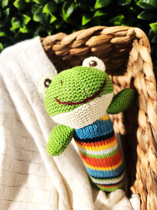 Crocheted animal rattle by Lily and George Frog
