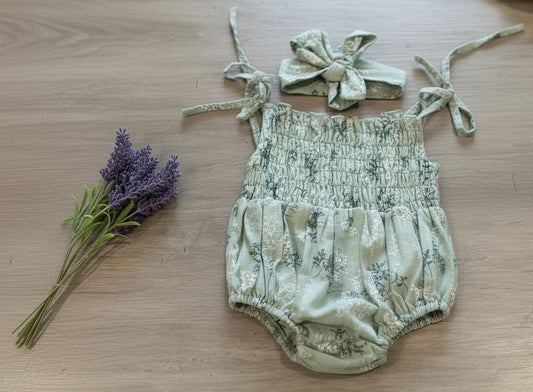 Shoulder Tie Sage Romper With Matching Headband Bow
