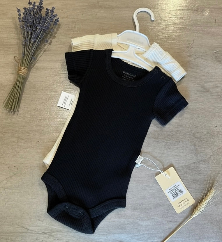 Organic Rib Short Sleeve Bodysuit Black/Ecru 2 pieces