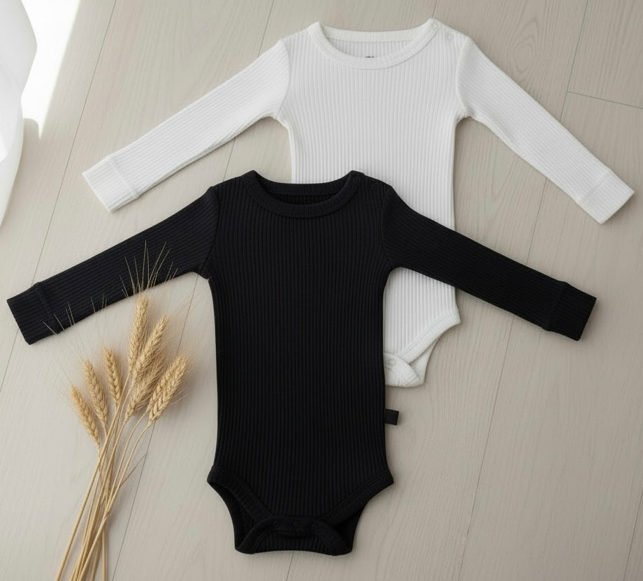 Organic Rib Long Sleeve Bodysuit Black/Ecru 2 pieces