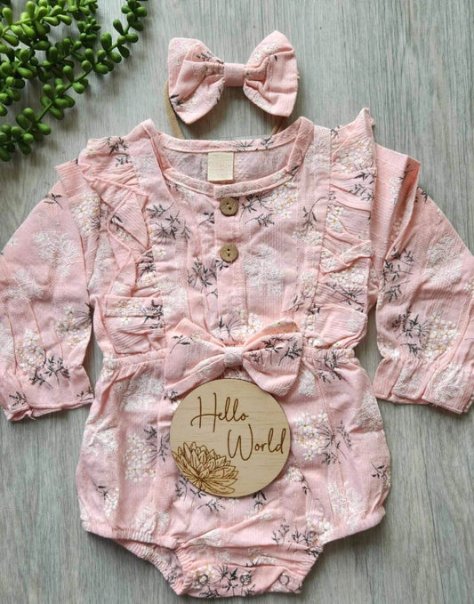 Long Sleeve Romper with headband bow Pink