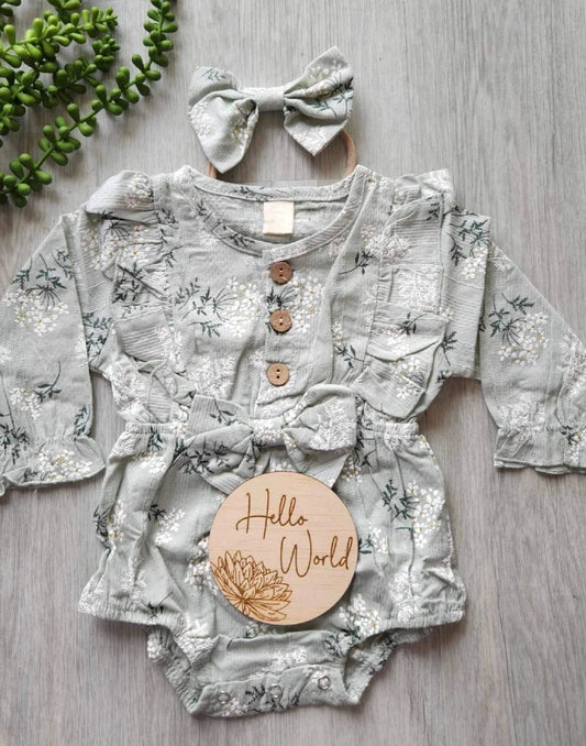 Long Sleeve Romper with headband bow Sage