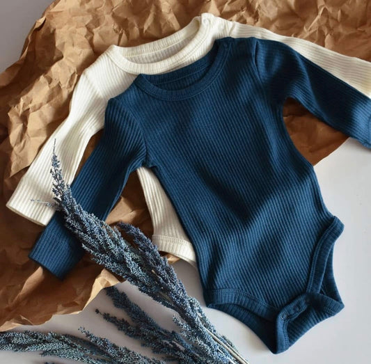 Organic Rib Long Sleeve Bodysuit Teal/Ecru 2 pieces