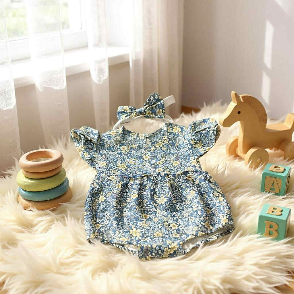 Short Sleeve Floral Blue Romper with matching headband